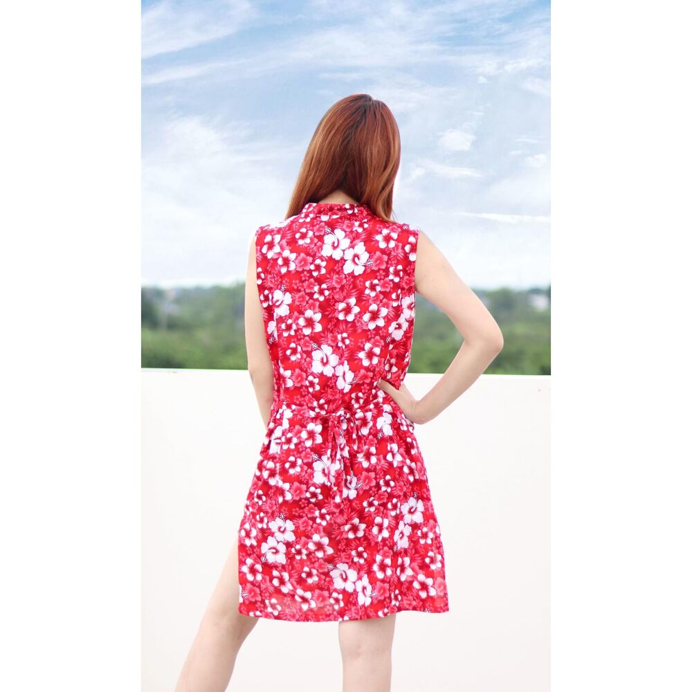 7466 Dress Chinese with Eyelets Small Hibiscus Flowers in Lava Red sz XL - Picture 3 of 5